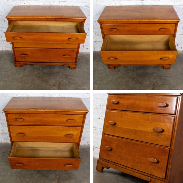 1930s to 1950s Transitional Solid Maple Gentleman’s Chest With Hand Carved Pulls and Wall Mirror For Sale - Image 14 of 18