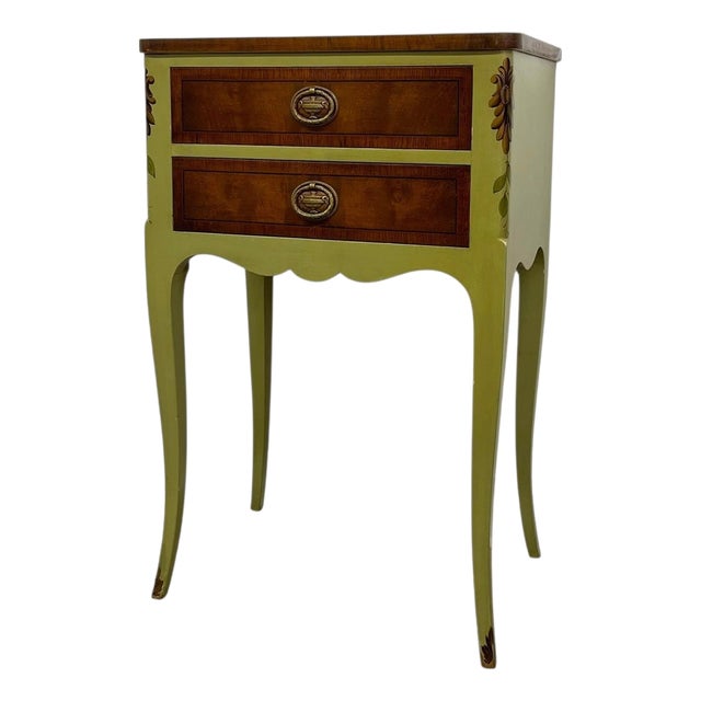 Vintage John Widdicomb Two Drawer Painted Side Table With Cabriole Legs and Decorative Motifs For Sale