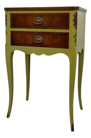 Vintage John Widdicomb Two Drawer Painted Side Table With Cabriole Legs and Decorative Motifs