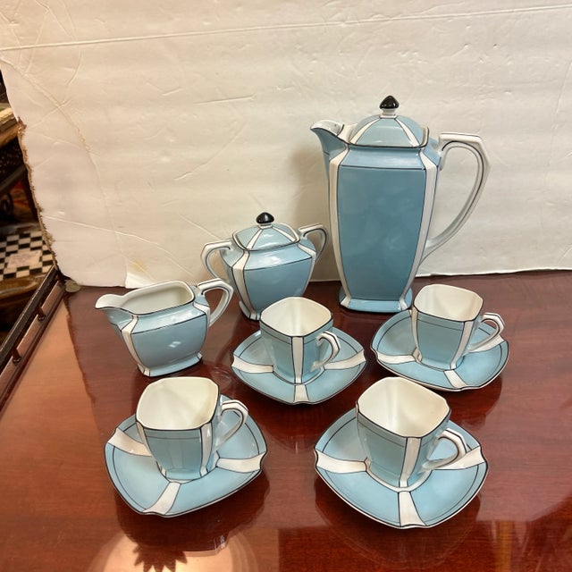 Noritake Art Deco Style Robin's Egg Blue, White and Black Stripe Demitasse Service for 4 Signed For Sale - Image 10 of 11