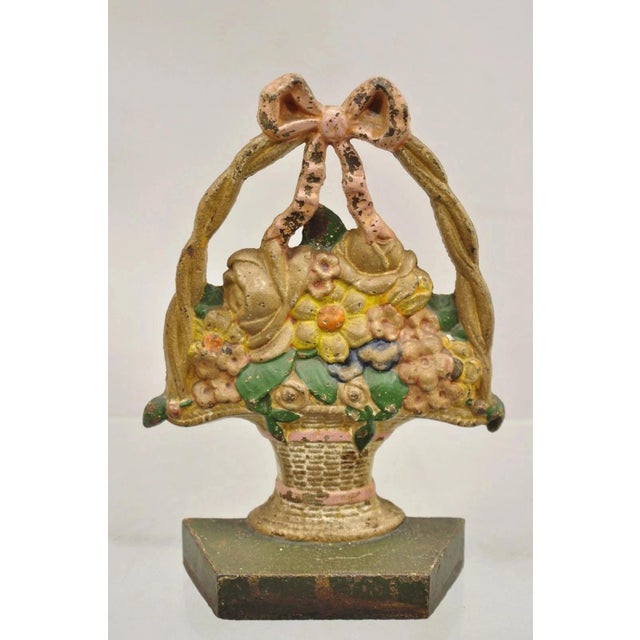 Antique Victorian Cast Iron Painted Floral Bouquet Pink Bow Basket Door Stop For Sale - Image 11 of 11