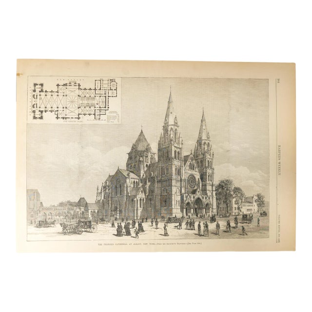 19th Century American Engraving Print From Harper's Weekly of Cathedral in Albany, Ny For Sale