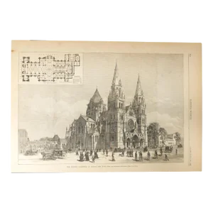 19th Century American Engraving Print From Harper's Weekly of Cathedral in Albany, Ny