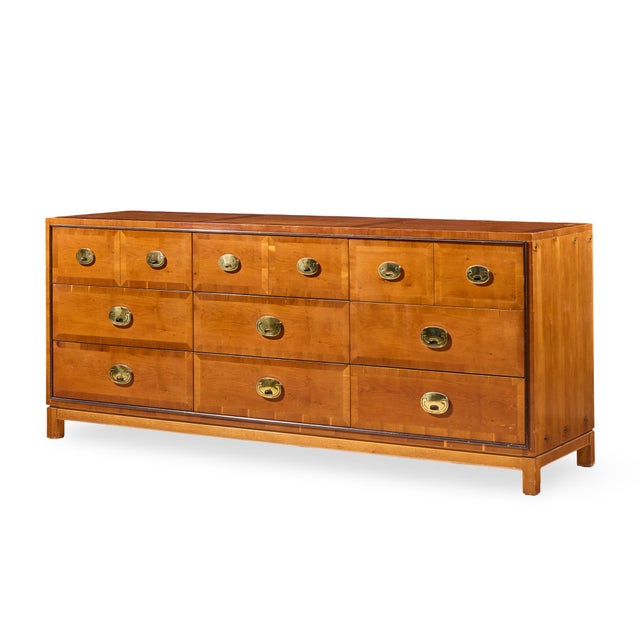 Mid-Century Modern Hickory Manufacturing Mid Century Walnut and Brass Campaign Dresser For Sale - Image 3 of 9