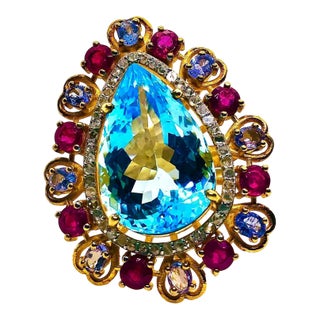 Bochic “Capri” Vintage Ruby, Tanzanite & Diamond Ring Set In 18K Gold & Silver For Sale