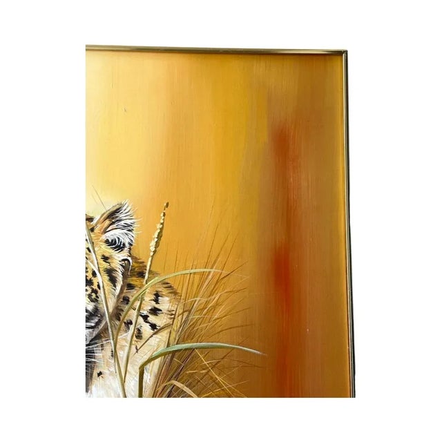 Vintage Mid Century Postmodern 1970s Large Leopard Oil Painting Brass Frame Cat For Sale - Image 4 of 9