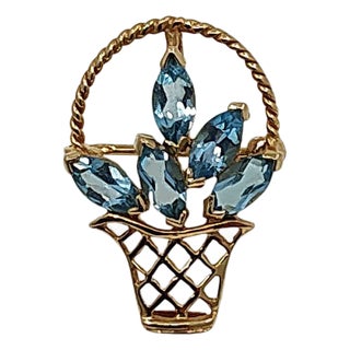 14k Gold Blue Topaz Flower Basket Pin or Pendant For Sale