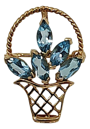 14k Gold Blue Topaz Flower Basket Pin or Pendant