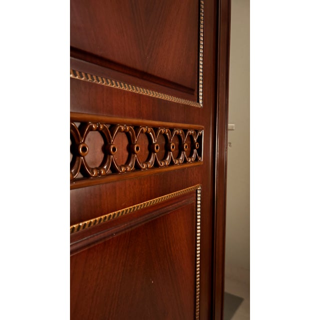 Vintage Mahogany-Style Veneer Armoire With Brass Hardware & Carved Trim For Sale - Image 6 of 7