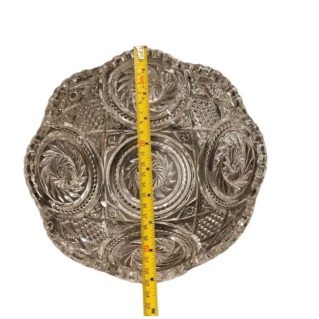 Glass Vintage Deep Cut Leaded Crystal Bowl With Scalloped Edge For Sale - Image 7 of 11