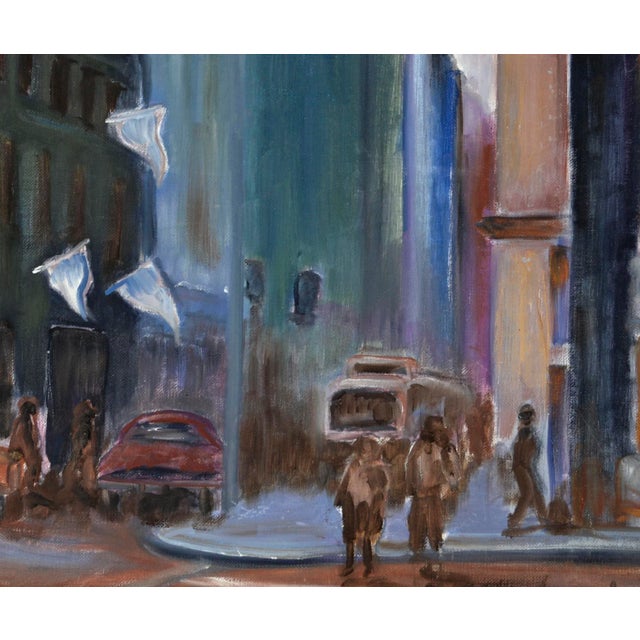 Night Life in the City - Figurative Cityscape Mid 1960s cityscape by an unknown artist. Oil on artists board. Image, 16"H...