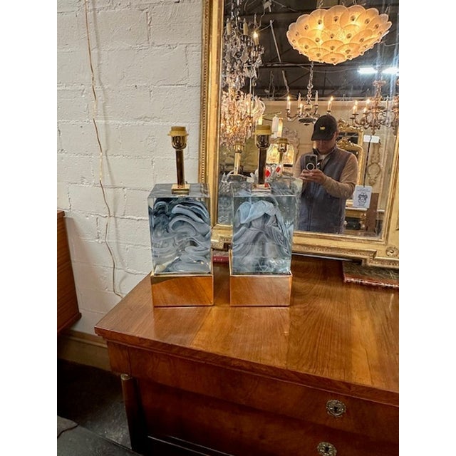 Great pair of modern Murano glass and brass block lamps in sky blue. Circa 2000. A favorite of top designers!Great pair of...