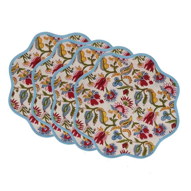 Handmade Round Scalloped English Garden Placemats with Light Blue Trim - Set of 4 For Sale - Image 4 of 4