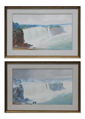 Maude Leach Niagra Falls Spring and Winter Watercolor Landscapes 1920s - a Pair