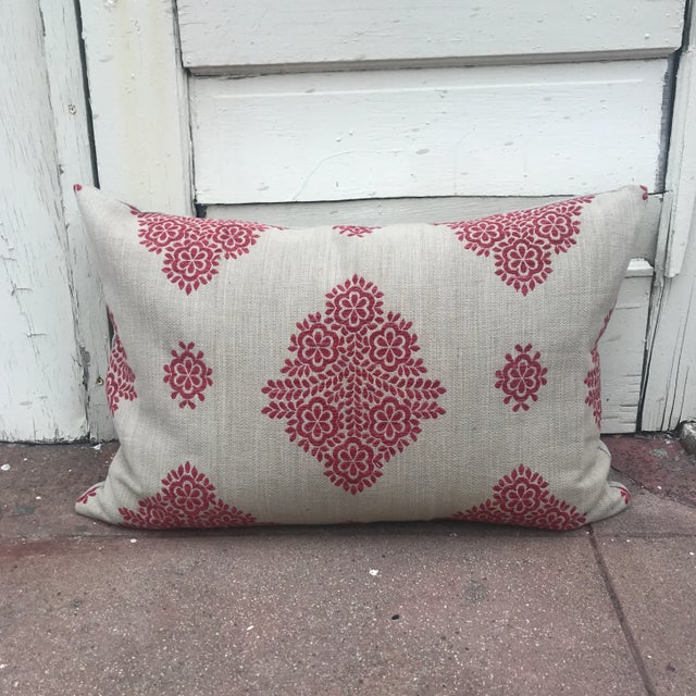 Custom pillow made with a Pierre Frey "Erevan" textile with jacquard design. Backed in linen with zipper closure. Custom...