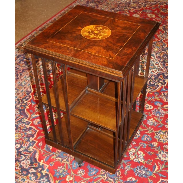 1960s 1960s English Edwardian Burl Wood Inlaid Revolving Bookcase For Sale - Image 5 of 11