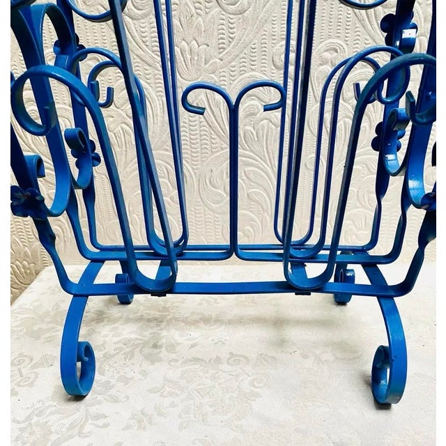 Vintage Mid Century Blue Enameled Scrolled Iron and Flowers Magazine Rack For Sale - Image 6 of 12