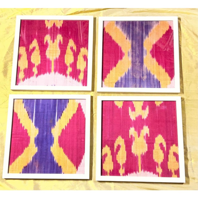 Vibrant Silk Ikat Framed Collection – Bohemian Luxury Textile Art (Set of 4) For Sale - Image 11 of 15