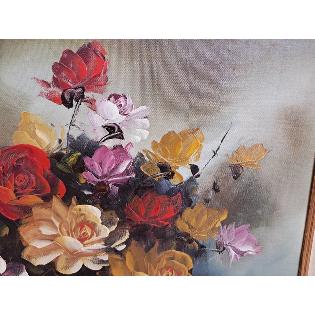 Vintage Floral Oil Painting on Canvas with Ornate Gilt Frame Flowers, Circa 1980 For Sale - Image 7 of 18