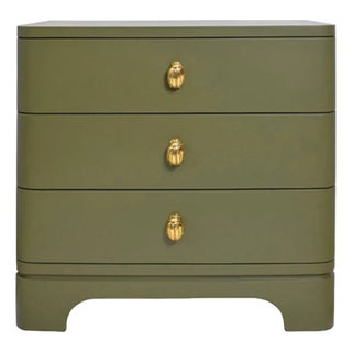 Matthew Izzo Home Fortune Olive Green Matte Lacquer Three Drawer Rounded Edge Side Table With Brass Beetle Knobs For Sale