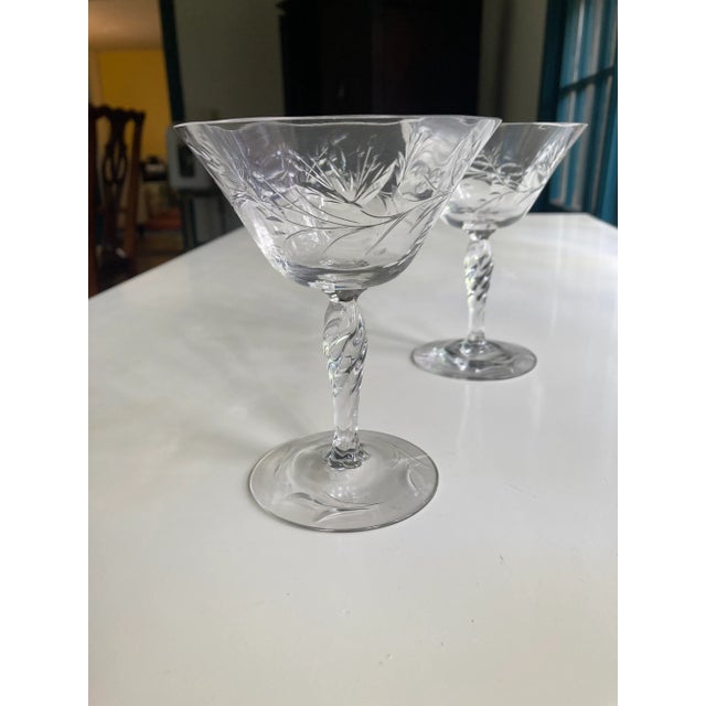 Vintage Crystal Floral Etched Champagne Glasses- Set of 2 For Sale - Image 4 of 6
