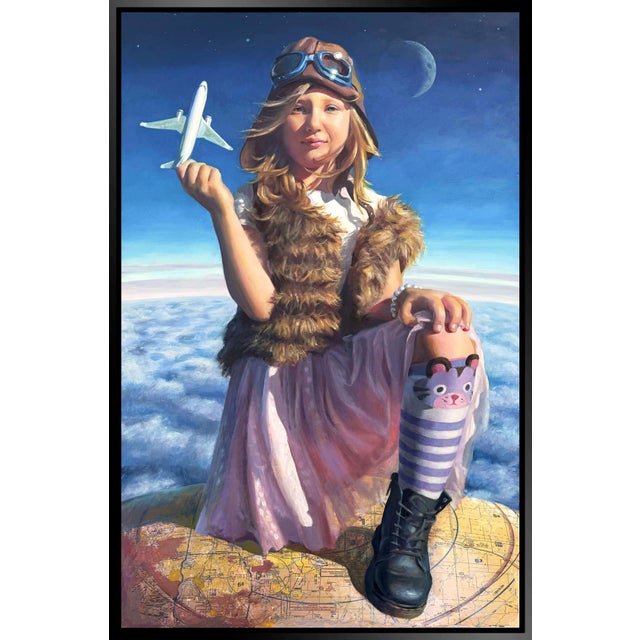 In "Future of Flight, 2025," a young girl adorned in a vintage aviator outfit holds a miniature airplane while seated atop...