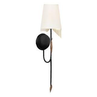 Thomas O'Brien for Visual Comfort Signature Kairos 27" Tail Sconce in Aged Iron and Roman Bronze with Linen Shade For Sale
