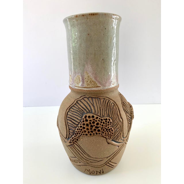 Vintage Vase Studio Pottery, Carved Organic Motif, Signed "Moni" For Sale - Image 13 of 13