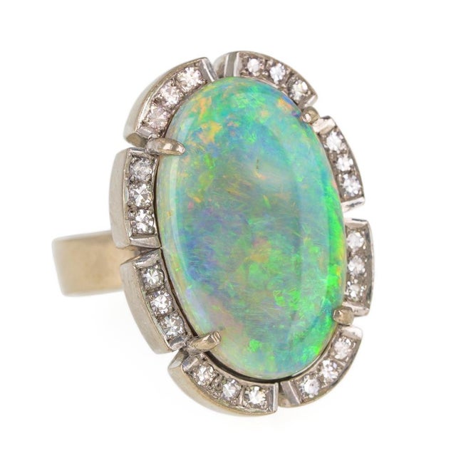 18k White Gold Australian Opal & Diamond Statement Cocktail Ring Vintage For Sale In Tampa - Image 6 of 9