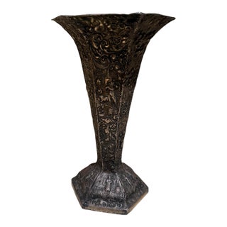 European Peasant Motif Silverplated on Repousse Copper Vase Late 1800s For Sale