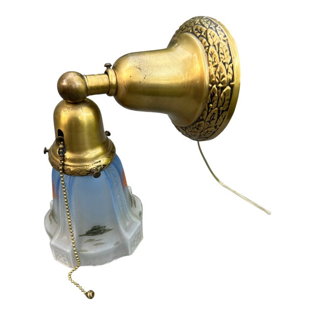 Vintage Brass Wall Sconce With Vintage Painted Shade For Sale