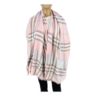 Burberry Pink Plaid 100% Cashmere Scarf For Sale