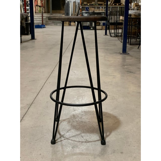 Industrial New Industrial Wrought Iron Shop Stool with Wood Seat For Sale - Image 3 of 6