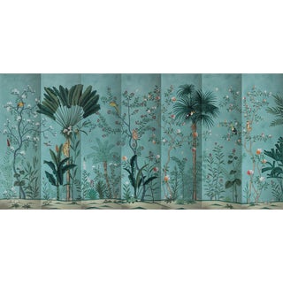 Hand-Painted Chinoiserie Tropical Garden Mural on Edo Xuan Paper – 7 Panels For Sale