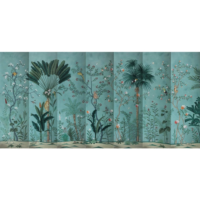Hand-Painted Chinoiserie Tropical Garden Mural on Edo Xuan Paper – 7 Panels For Sale