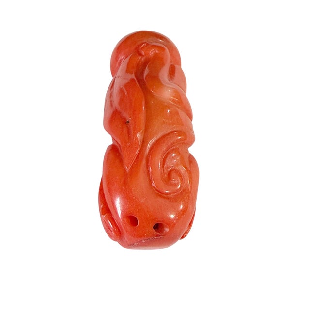 Vintage Red Coral Carved Foo Dog Statue Amulet Pendant 1.75"h For Sale In New York - Image 6 of 6