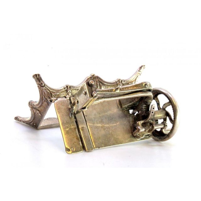 Metal Miniature Sewing Machine in Silver with Reliefs and Applications For Sale - Image 7 of 8