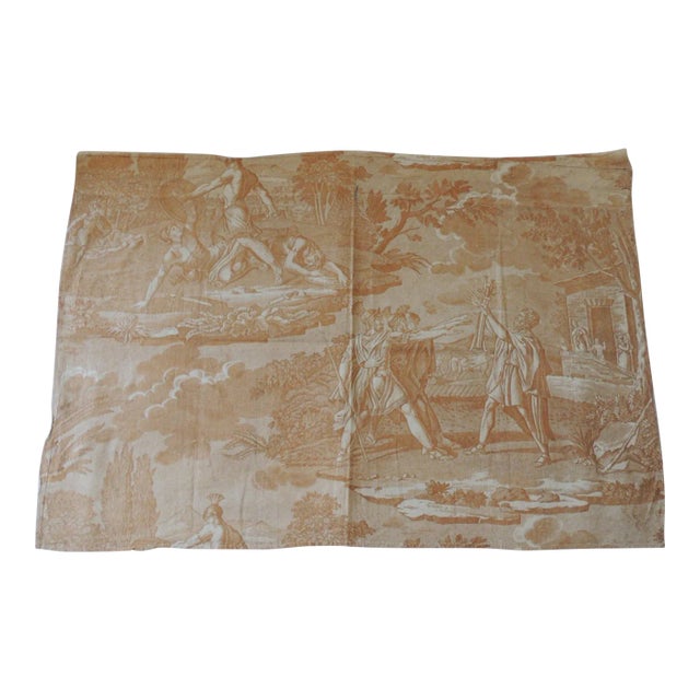 Antique Soft Yellow Printed Cotton Toile De Jouy Textile Fragment For Sale