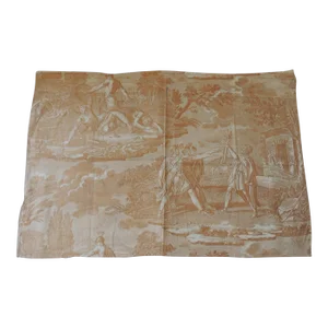 Antique Soft Yellow Printed Cotton Toile De Jouy Textile Fragment