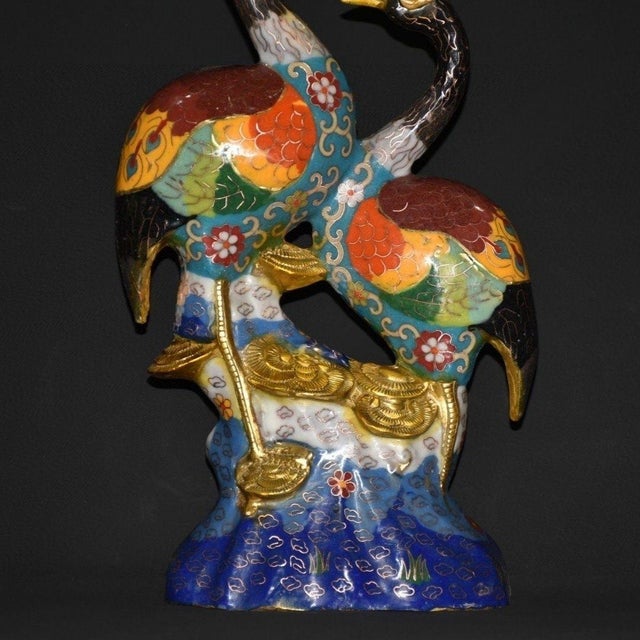Blue Cloisonne Enamel Crane Sculpture – 15" Pair of Red-Crowned Cranes on Rock Base For Sale - Image 8 of 9