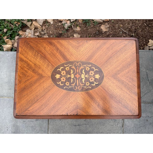 French Vintage Louis XV Lombardy Style Marquetry Top Side Table For Sale - Image 3 of 12