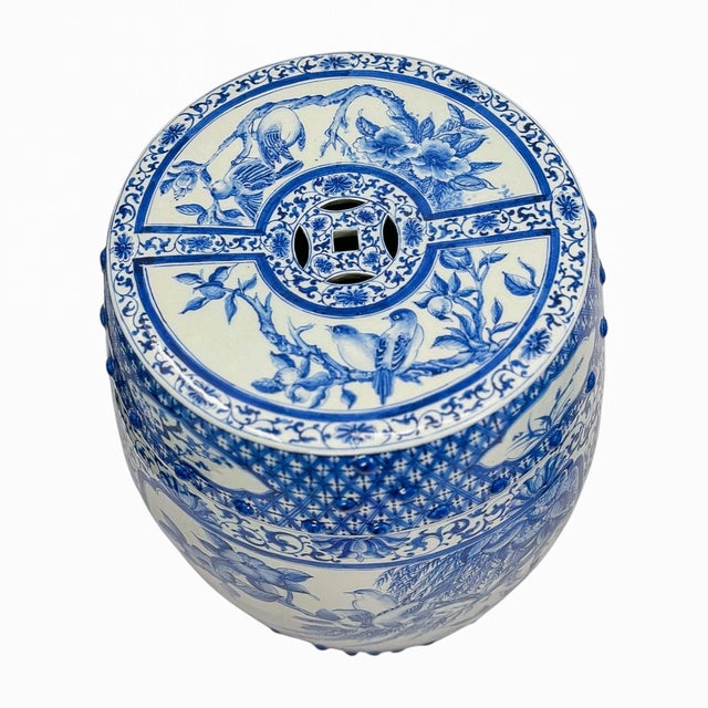 Late 20th Century Pair of Blue and White Chinoiserie Porcelain Garden Stools For Sale - Image 14 of 14
