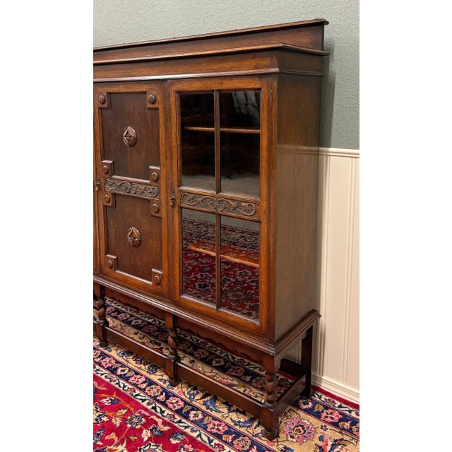 Jacobean Antique English Jacobean Bookcase Bookshelf Cabinet Barley Twist Wavy Glass Oak For Sale - Image 3 of 18