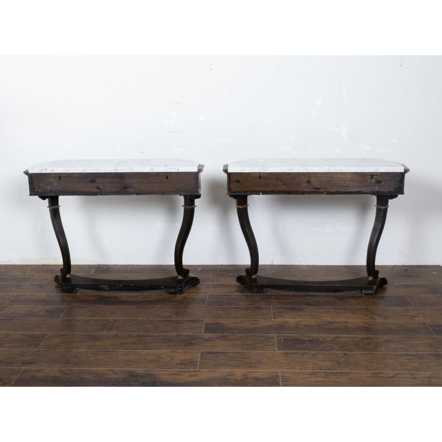 Black English Chinoiserie Black and Gold Console Tables with White Marble Tops, a Pair For Sale - Image 8 of 12