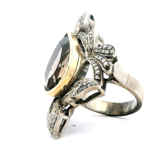 Metal 1970s Italian Smoky Topaz & Diamond Ring in Silver and 14k Gold, Size 8 For Sale - Image 7 of 11