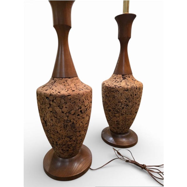 Mid-Century Modern 1960s Cork and Wooden Vintage Lamps- A Pair! For Sale - Image 3 of 6