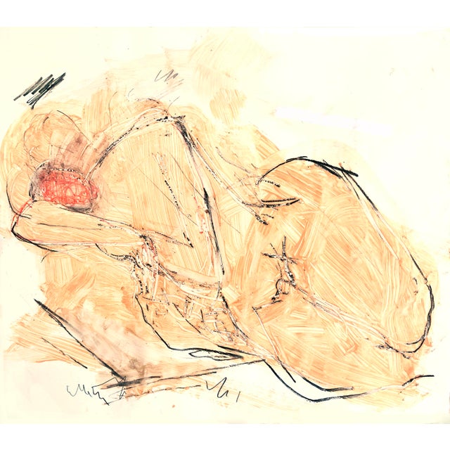 Apricot-Salmon Color Reclining Figure Painting in Textured Form on Paper For Sale