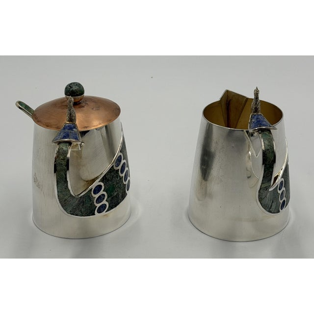 Los Castillo 1970s Wolmar Castillo "Peacock" Creamer, Sugar Pot & Ladle W/ Malachite & Lapis Inlay For Sale - Image 4 of 18