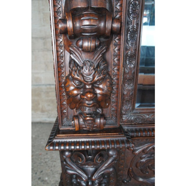 Pair Monumental Antique Italian Renaissance Figural Mahogany Bookcases Curio Cabinet For Sale - Image 9 of 12