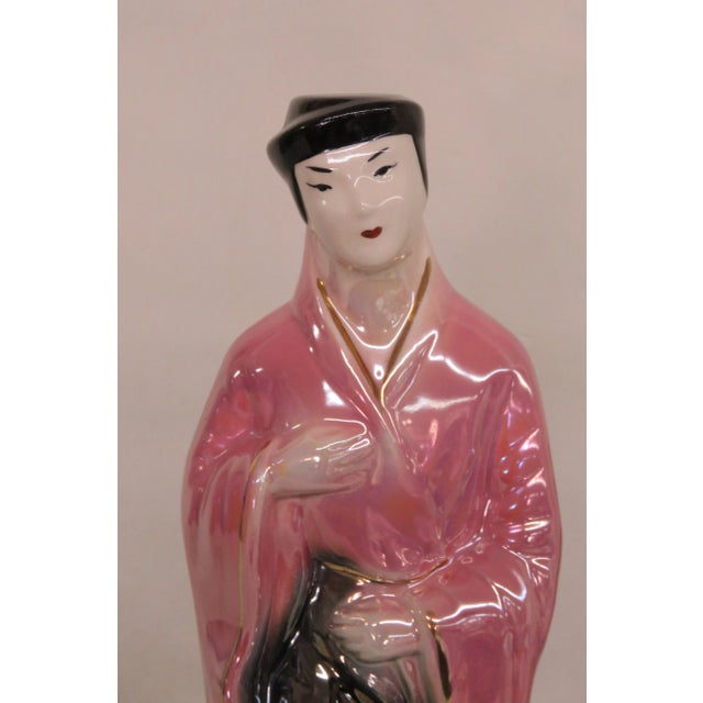 Mid-Century Modern Japanese Lusterware Iridescent Pink and Black Man in Kimono Figurine For Sale - Image 3 of 12